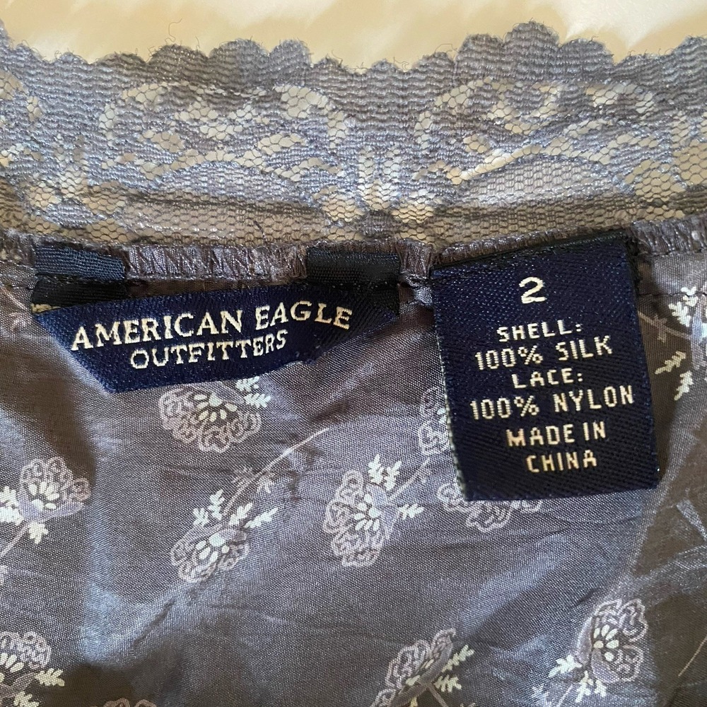 VTG Y2K American Eagle Silk Babydoll Cami Top Gray Lace Floral Fairy Grunge Sz 2 - Picture 2 of 10